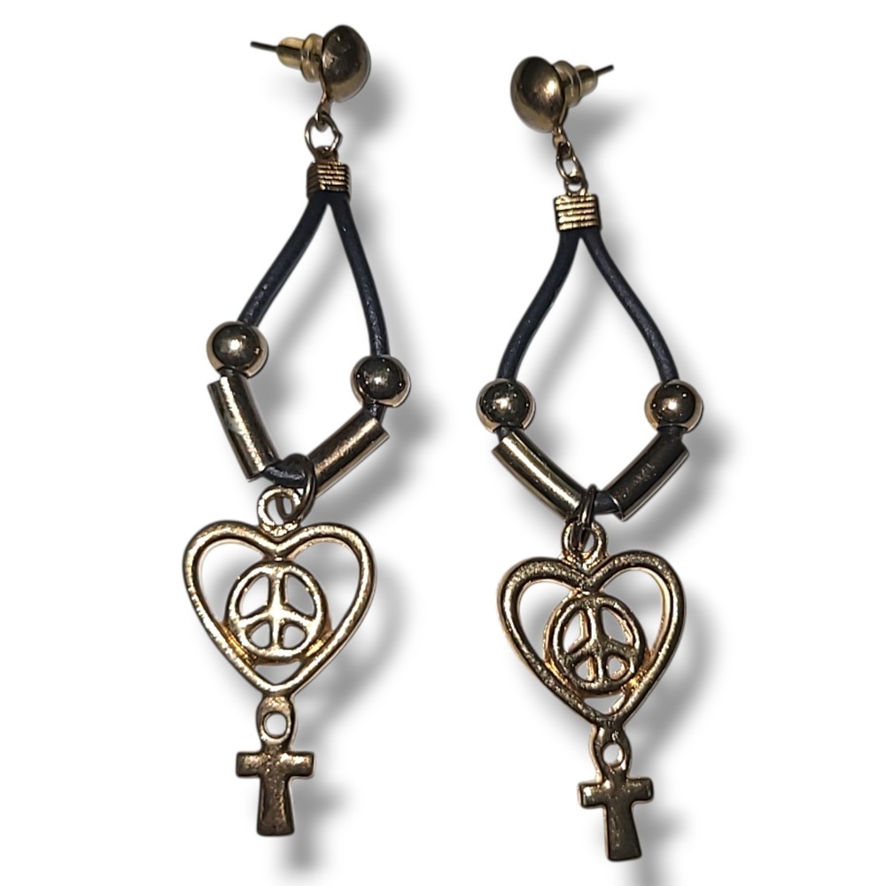 Vintage 90s Gold Tone Peace Love Cross Dangle Earrings